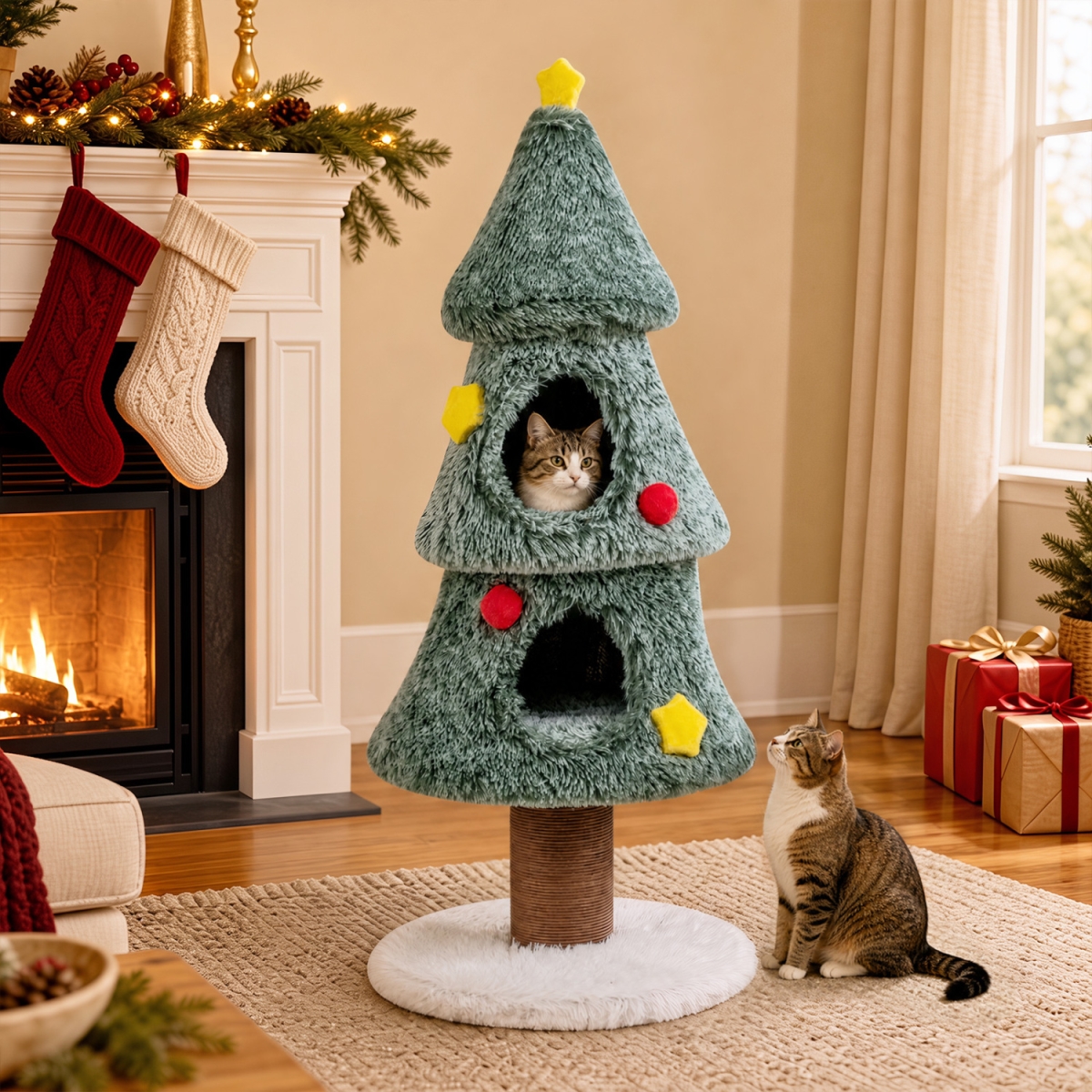 PV10637GN Christmas Cat Tree with 2 Condos Scratching Post & Decorative Stars - Green