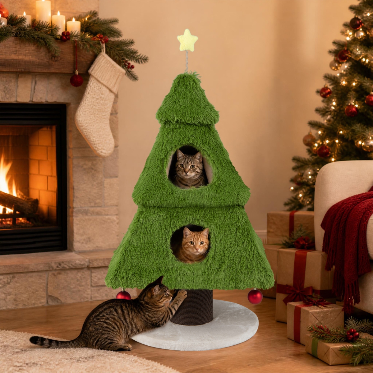 PV10657GN Christmas Cat Tree with Scratching Post & Dangling Balls for Indoor Cats - Green