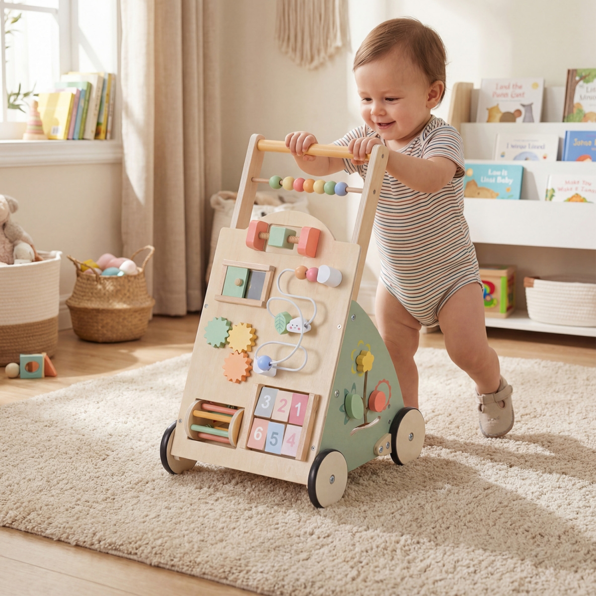 UY10268 Wooden Baby Walker with Wheels & Storage Basket