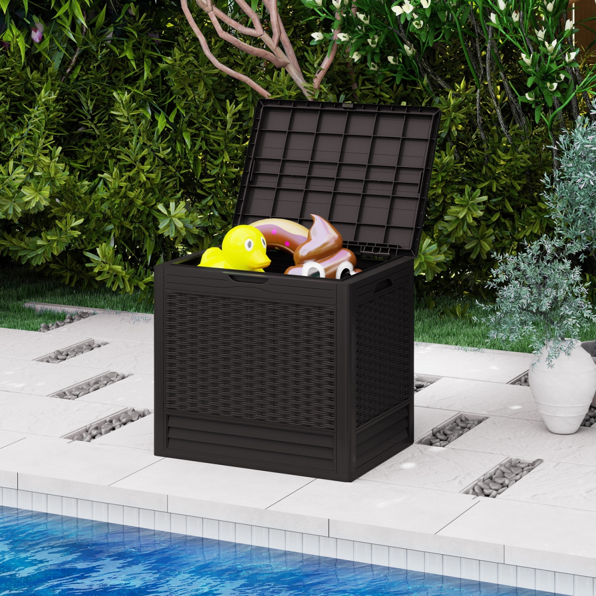 NP12725BN 25 gal Outdoor Storage Box with Rattan Patterns - Brown