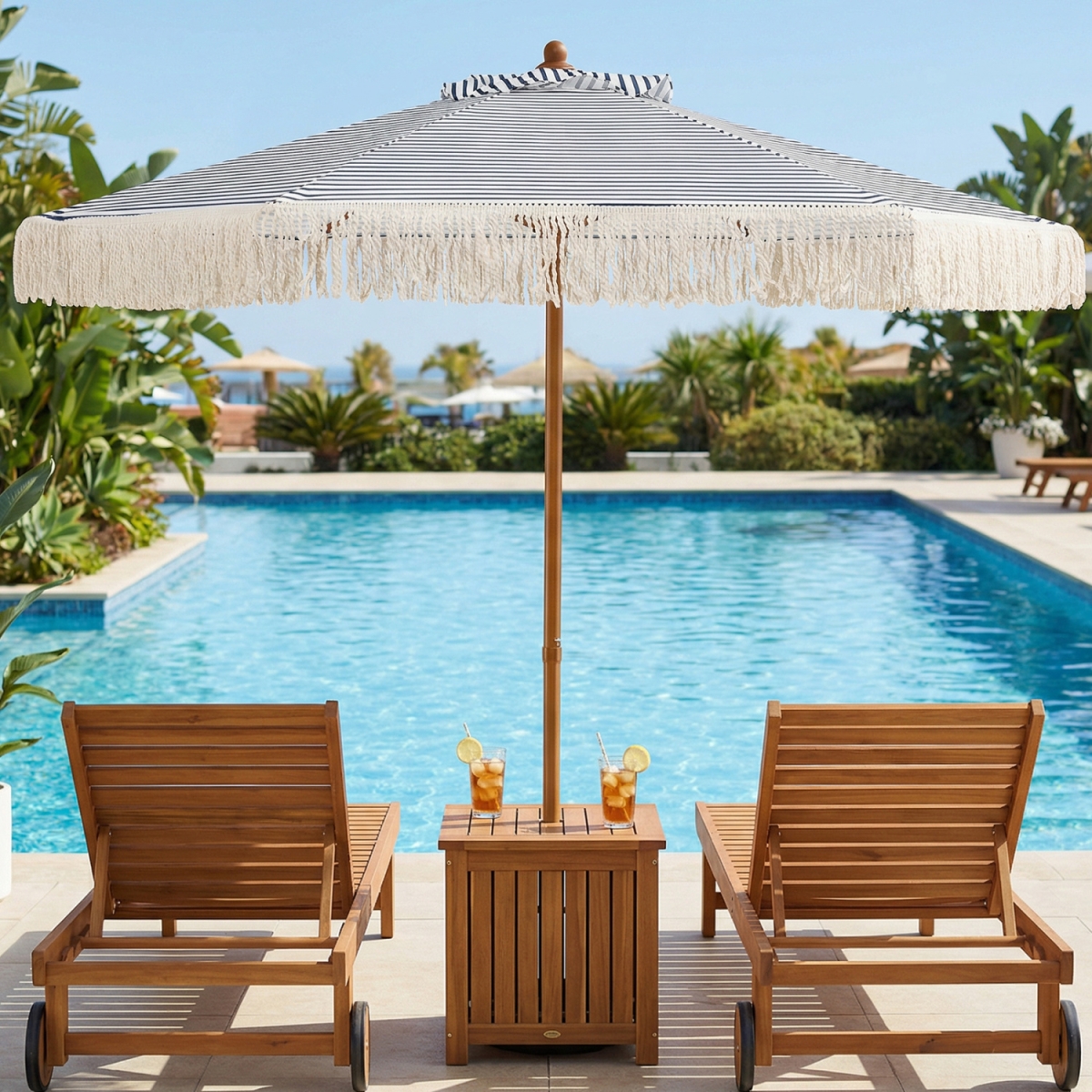 NP12858BL 7 ft. Patio Umbrella with Fringe Sun-Protective Beach Umbrella with Boho Tassel - Blue