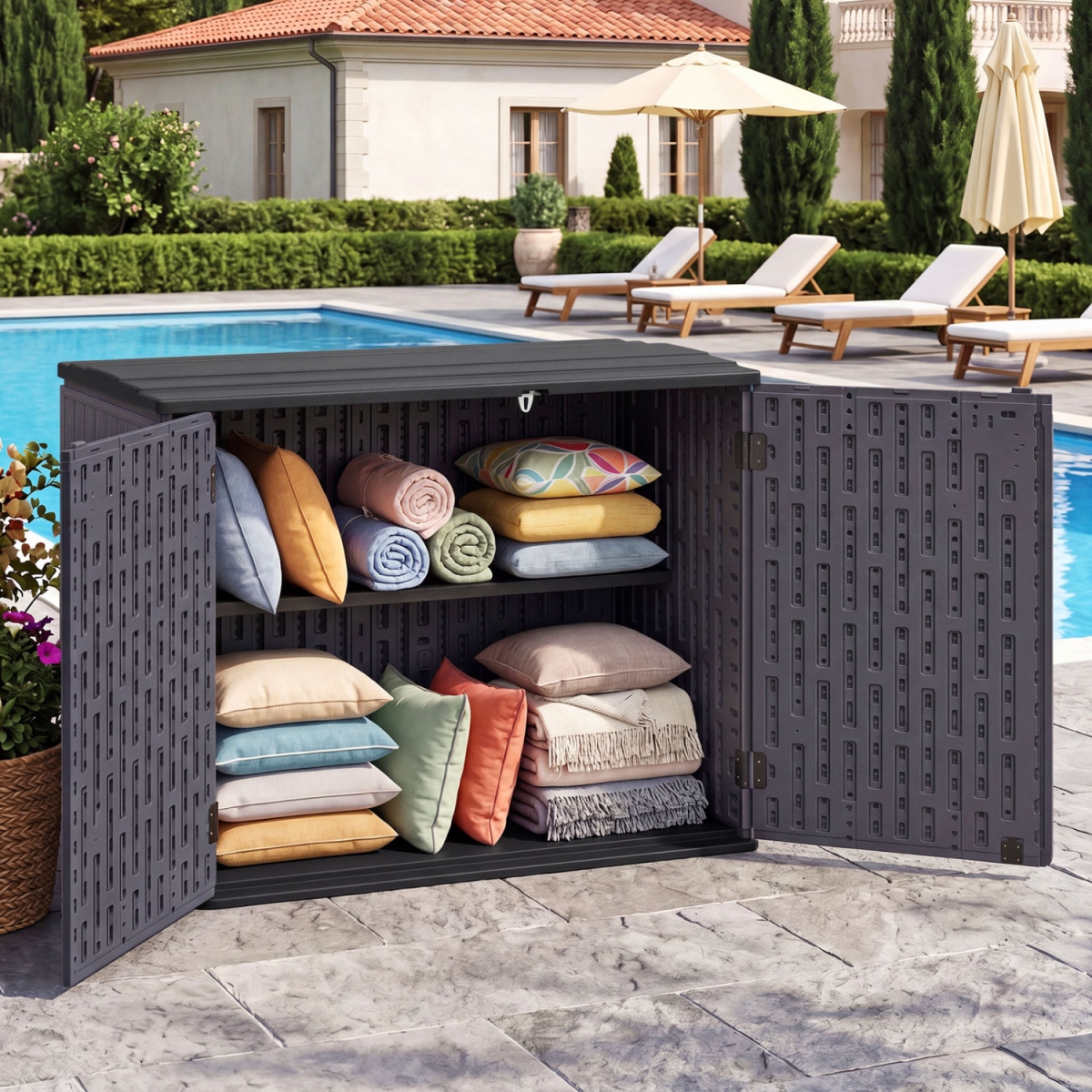 NP13030ZS 20 Cu ft. Horizontal Resin Storage Shed with Adjustable Shelf - Brown