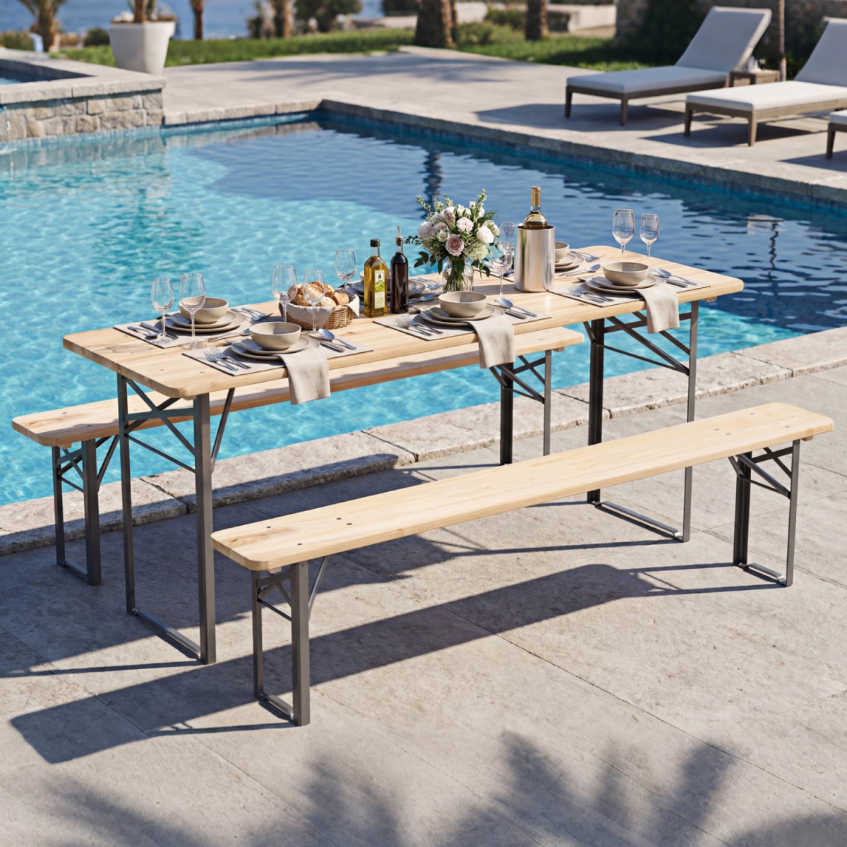 NP13168DK 70 in. Folding Picnic Table with Benches for 6 Fir Wood Portable Bear Camping Table - Black - 3 Piece
