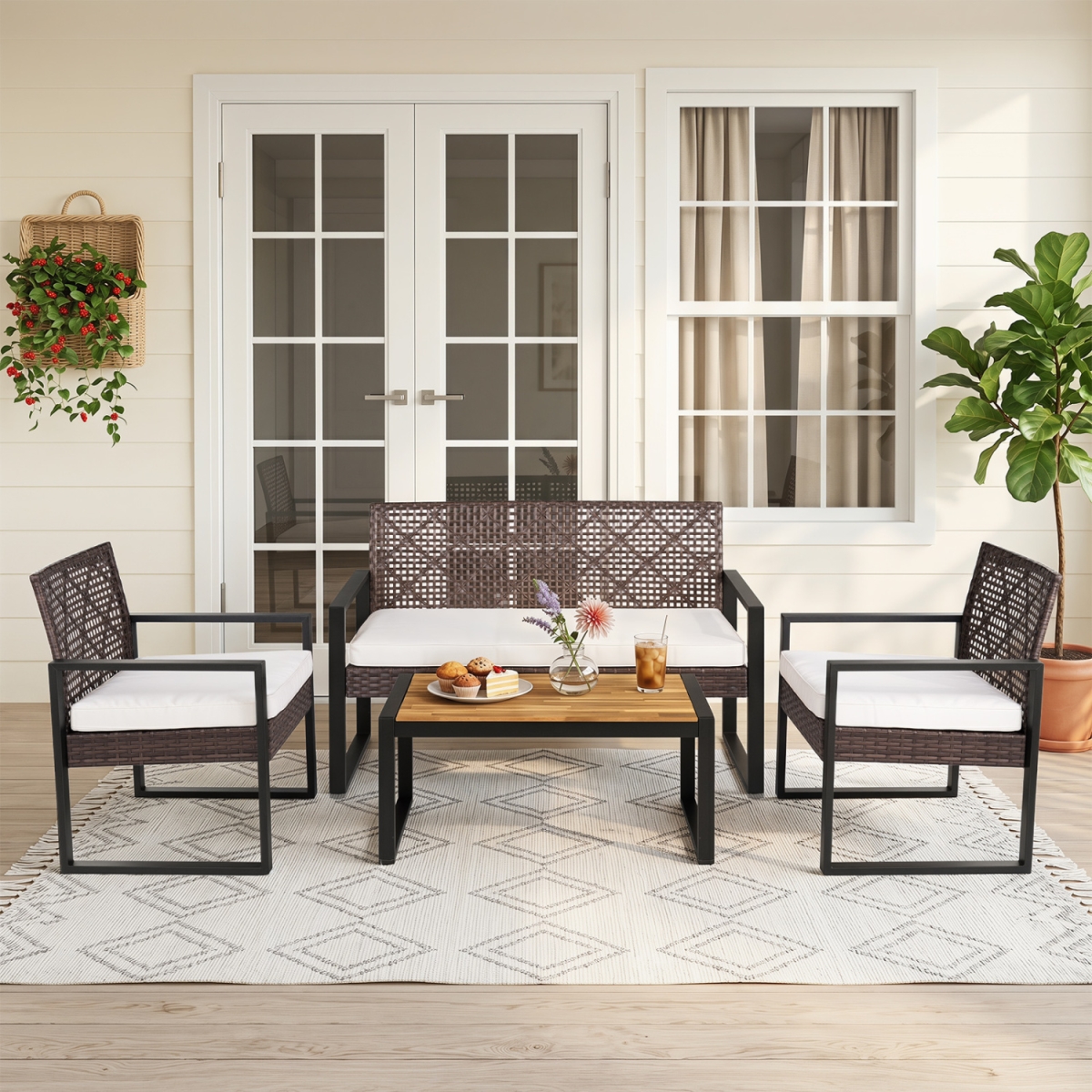 NP13177BE Patio Set with Acacia Coffee Table & Wicker Chairs for Backyard - Brown & Black - 4 Piece