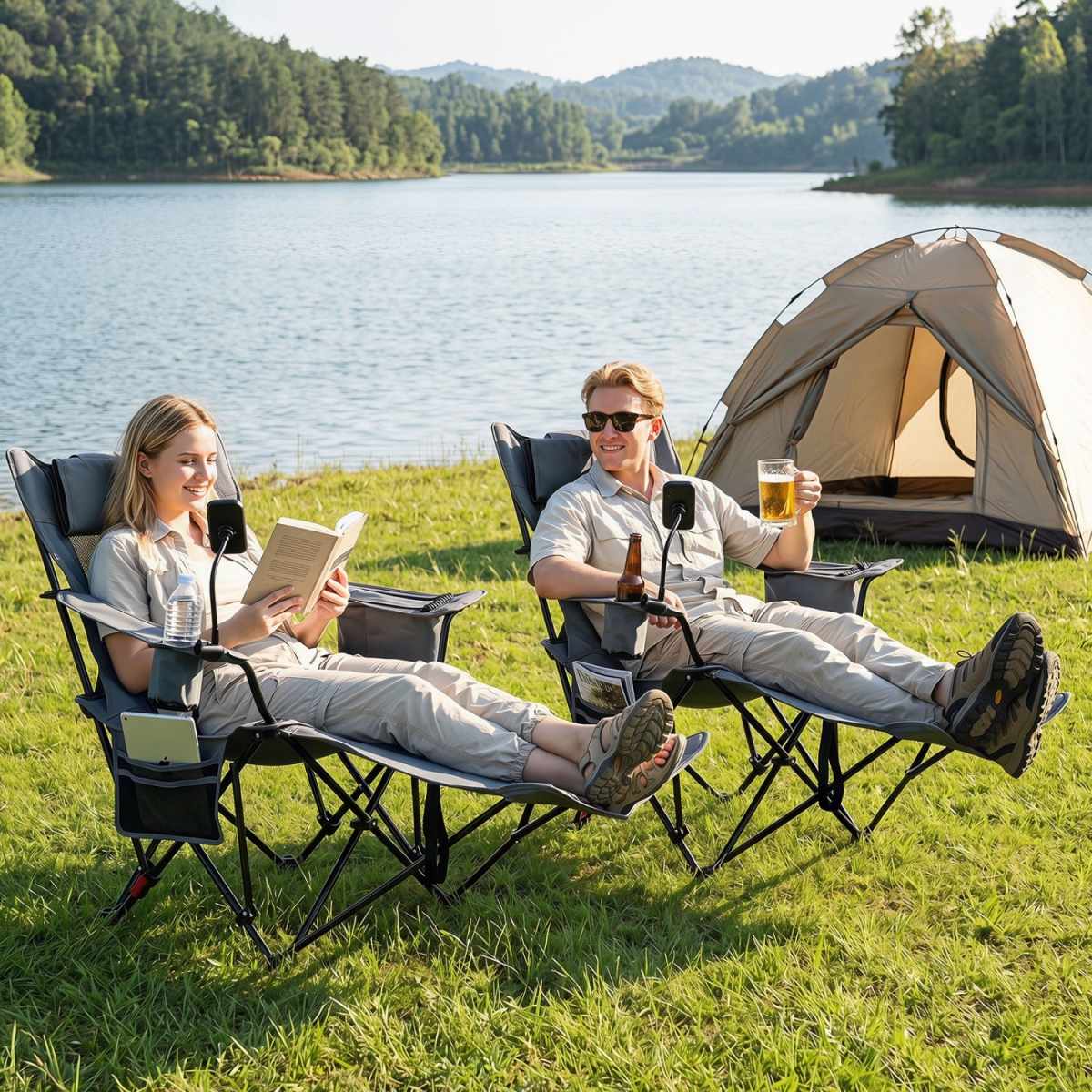 NP13327HS 2-in-1 Reclining Camping Chair with 3-Level Adjustable Backrest - Gray