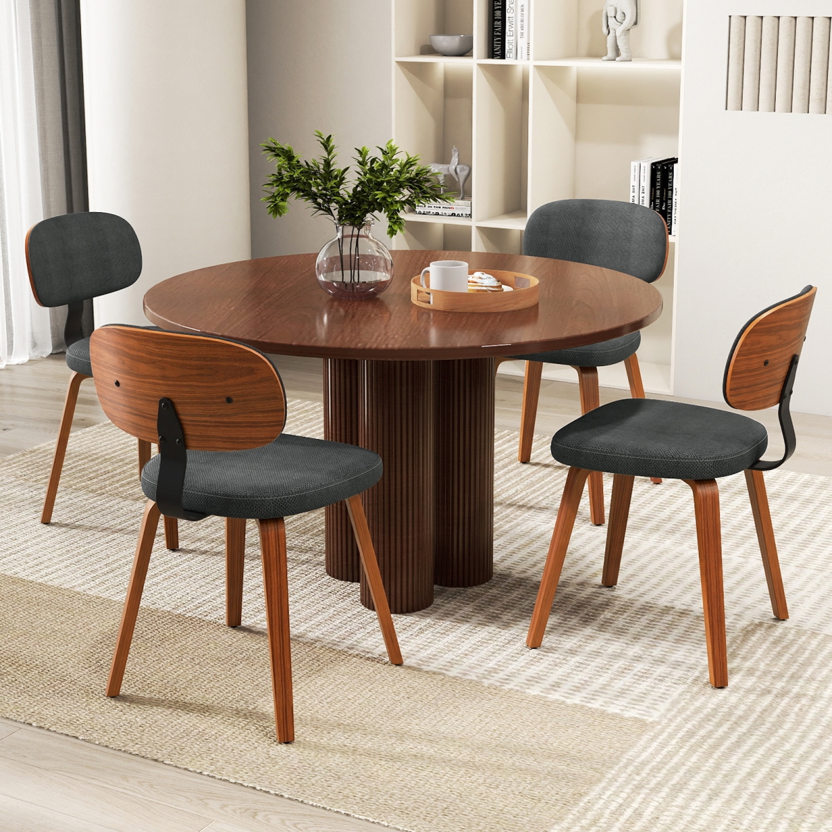 2-JV12736WT-2 Chenille Fabric Upholstered Wooden Kitchen Chairs - Dark Gray - Set of 4