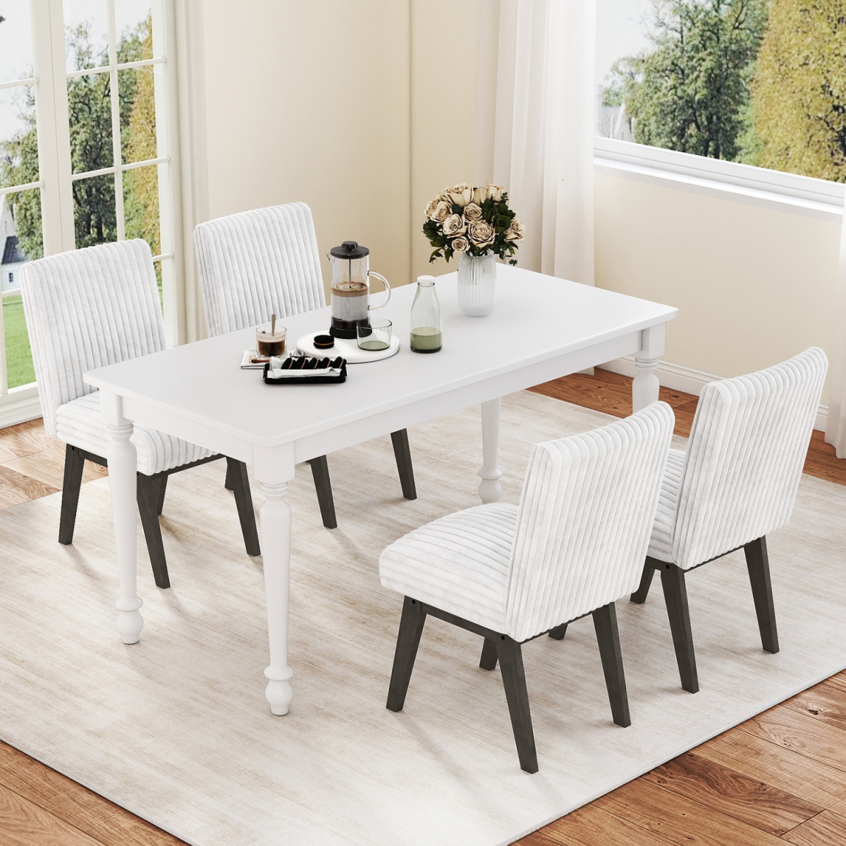 2-JV13504GR Dining Chairs Fabric Upholstered Kitchen Chairs with Padded Seat & Rubber Wood Legs - White & Gray - Set of 4