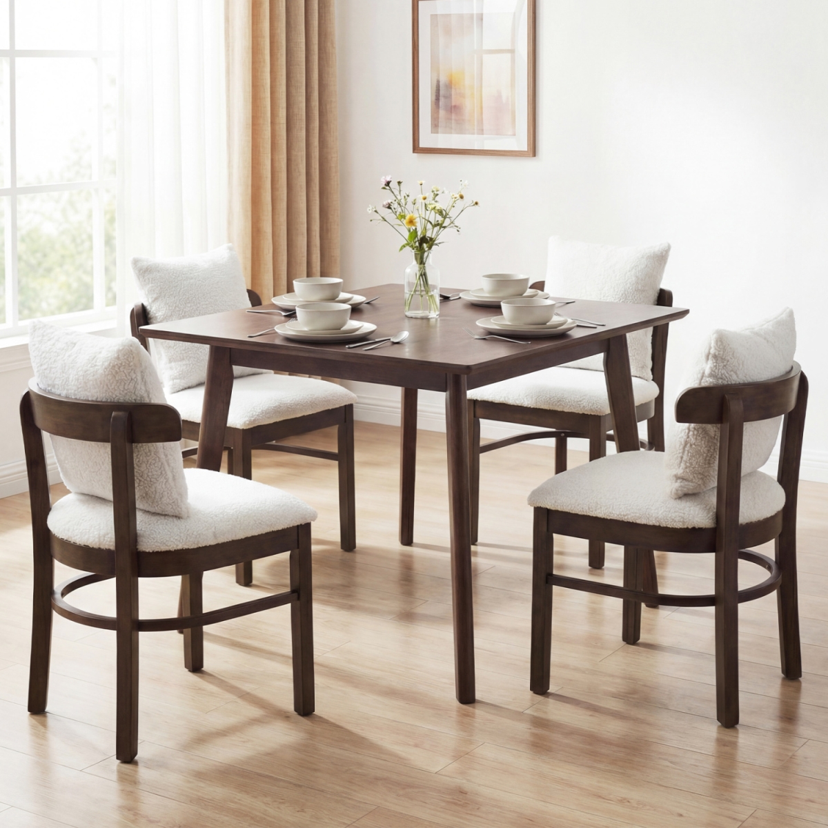2-KC59283GR-2 Fabric Upholstered Wood Dining Chairs with Removable Pillow - Gray - Set of 4