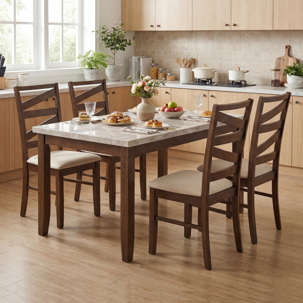 2-KC59467BN-2 Dining Chairs with Backrests & Rubber Wood Frames - Brown - Set of 4