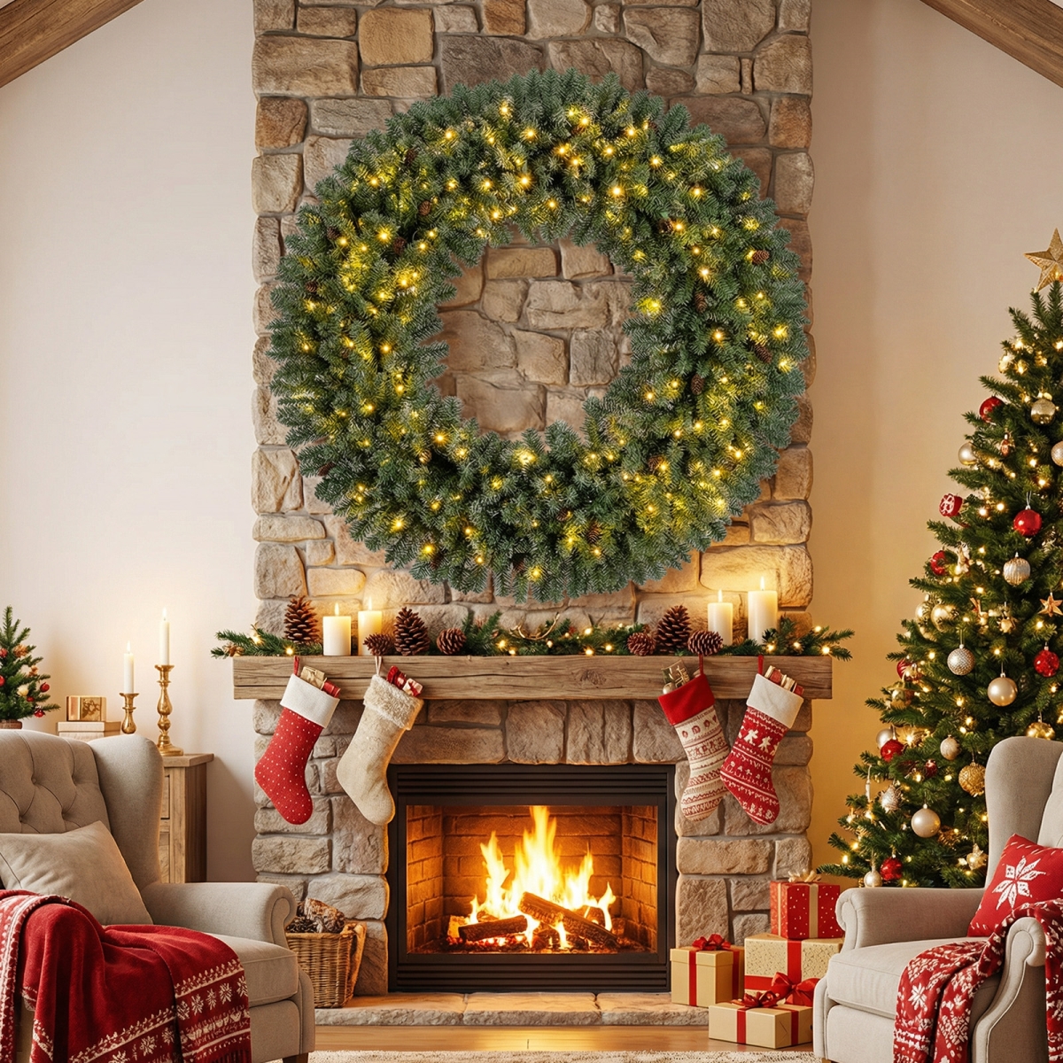 2-CM25519US 60 in. Pre-Lit Artificial Christmas Wreath 200 LED Warm White Lights - Set of 2