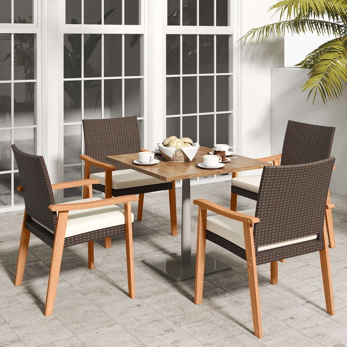 2-HW74935WH-2 PE Rattan Outdoor Patio Dining Chair with Removable Cushion & Acacia Wood Armrests - White - Set of 4