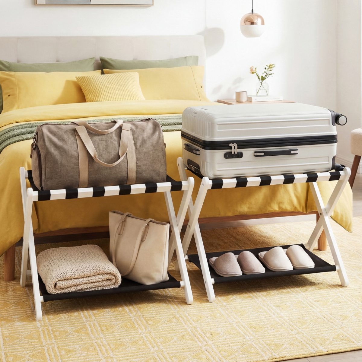 2-JV13202WH Solid Rubberwood Folding Luggage Rack with Nylon Shelves - White - Set of 2