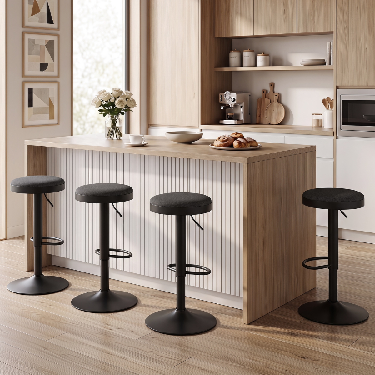 2-JV14659DK-2 Kitchen Bar Stools with Height Adjustment Padded Seat & D-Shaped Footrest - Black - Set of 4
