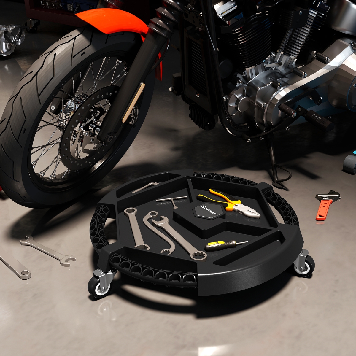 AU10055BK Mobile Automotive Tool Creeper with 3 Swivel Casters & 4 Compartments - Black