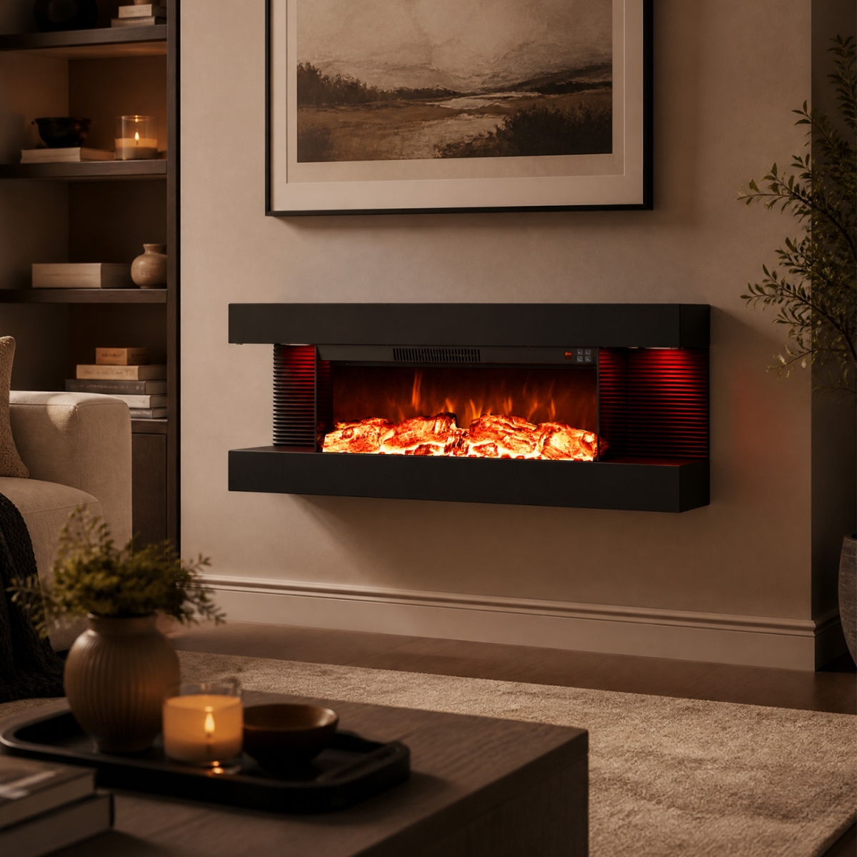 FP11227US-40BK 26 in. 3-Sided Wall Mount Electric Fireplace with 40 in. Floating Mantel for Living Room
