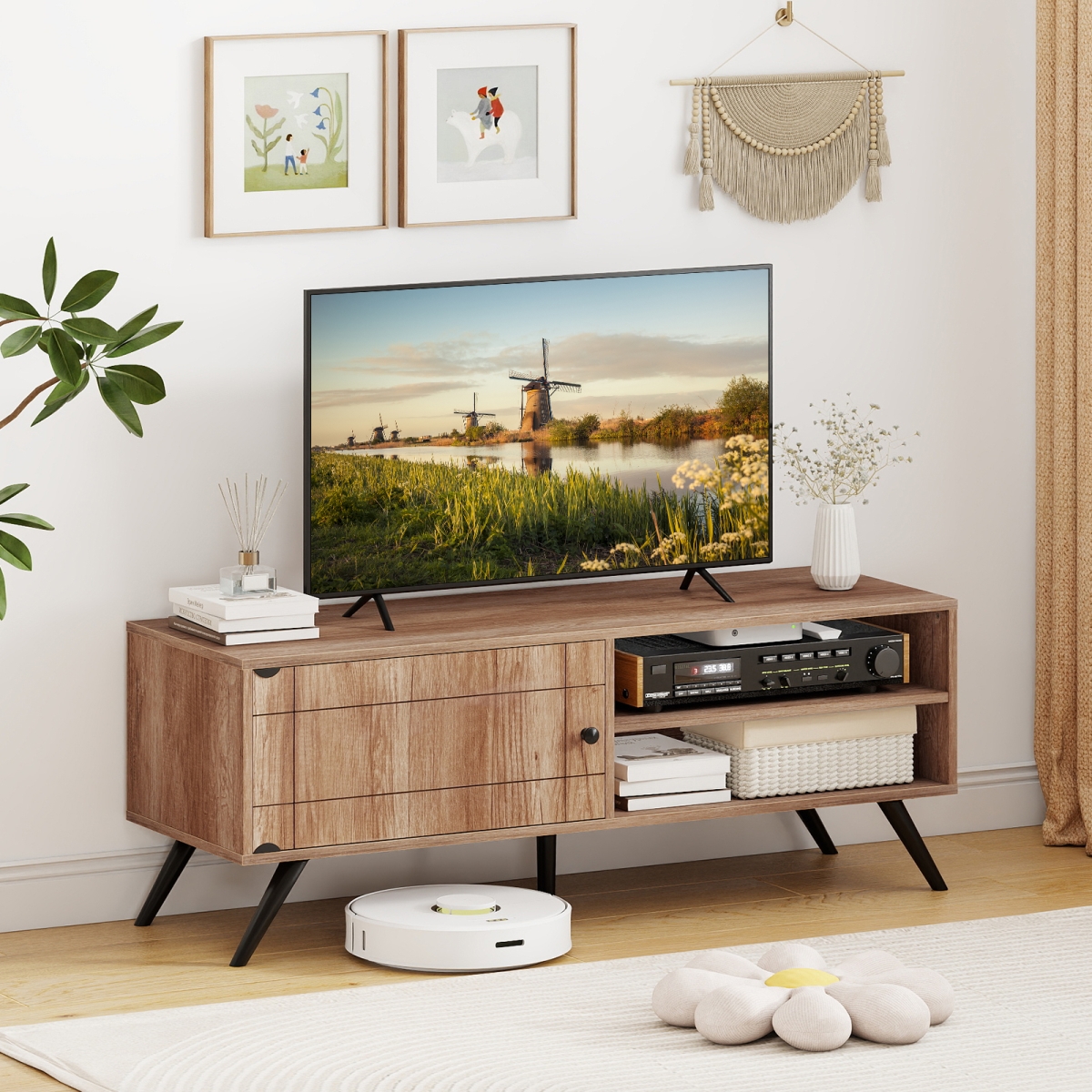 HV10875OA TV Stand for TVs Up to 55 in. Mid Century Modern Entertainment Center with Storage Cabinet - Oak
