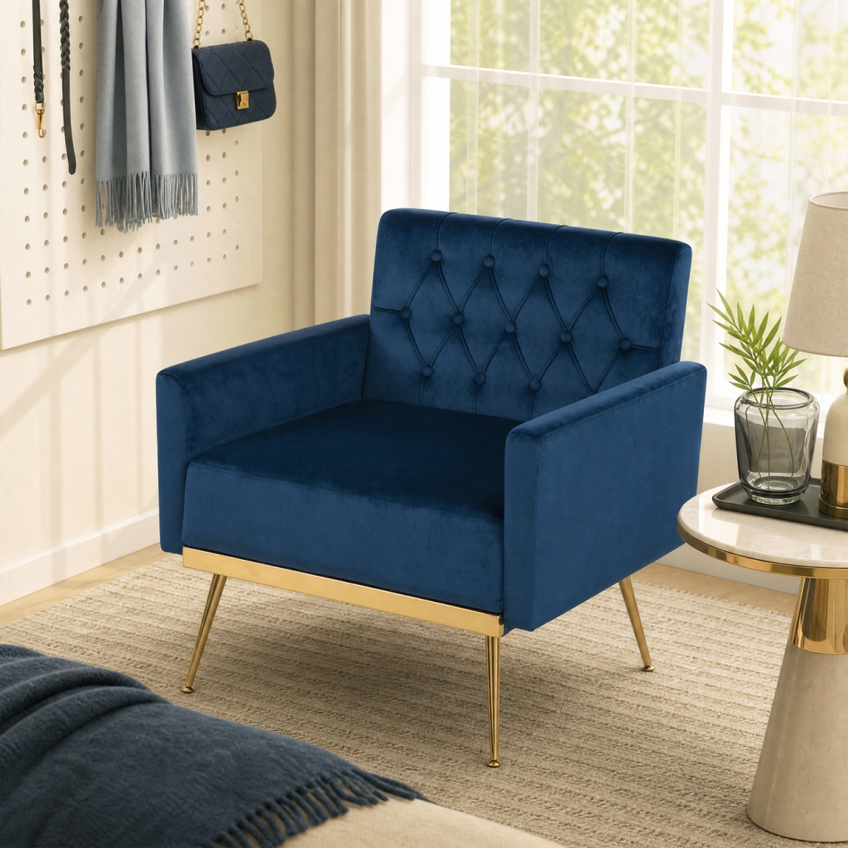 HV10936BL Modern Velvet Upholstered Accent Chair with Button-Tufted Back & Adjustable Feet - Blue
