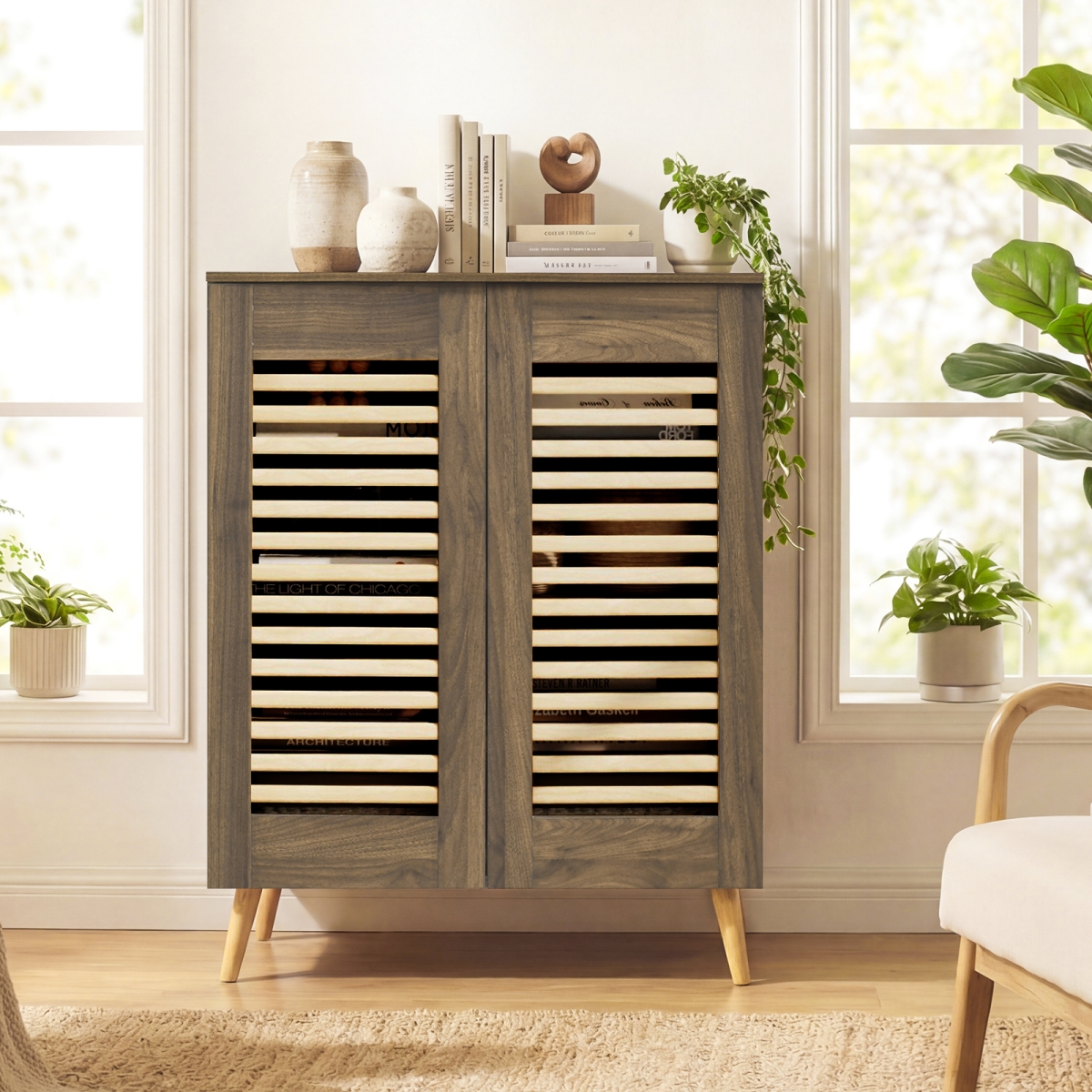 HV10944WL Shoe Cabinet with Louvered Doors & Removable Shelves - Walnut