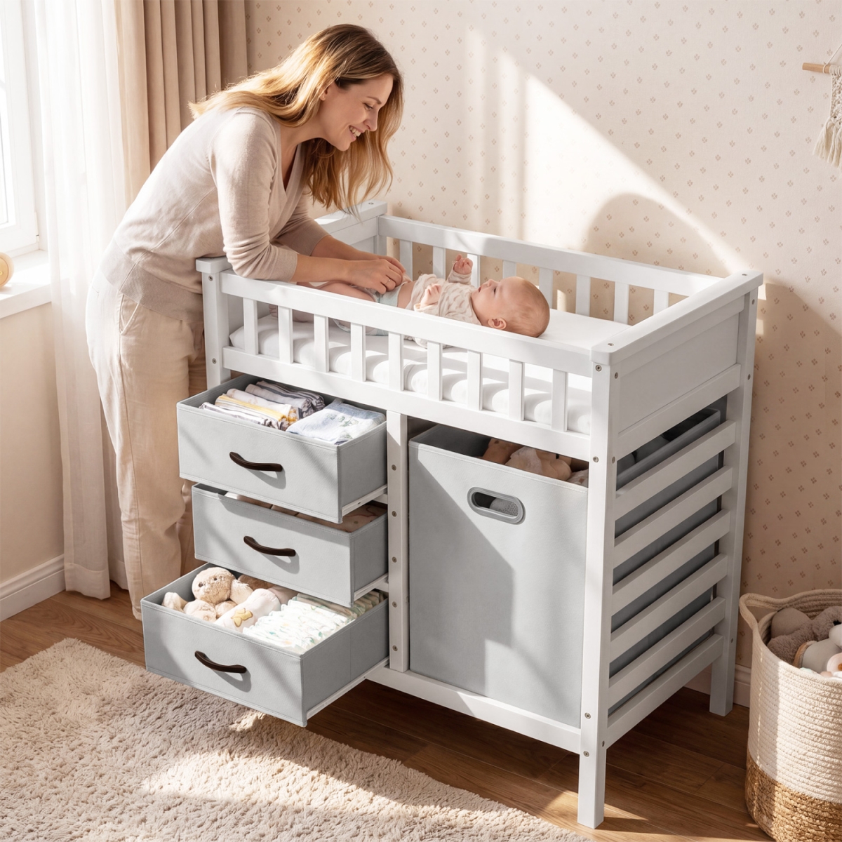 AC10047GR Wooden Baby Changing Table Diaper Changing Station with 3 Fabric Storage Drawers - Gray