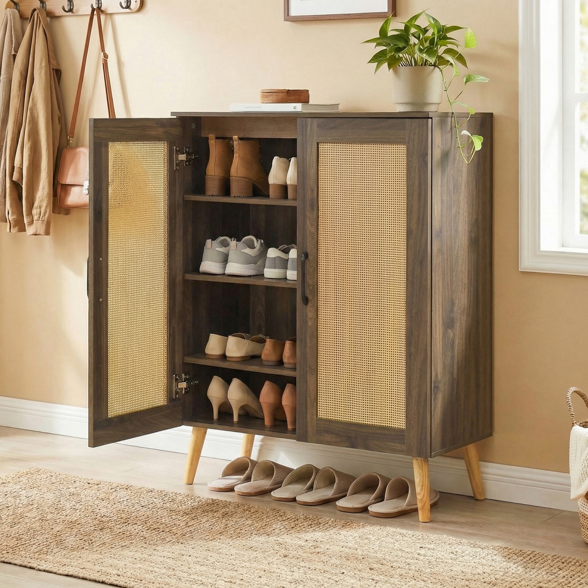 HV10946WL 5-Tier Rattan Shoe Cabinet with 3 Removable Shelves - Walnut