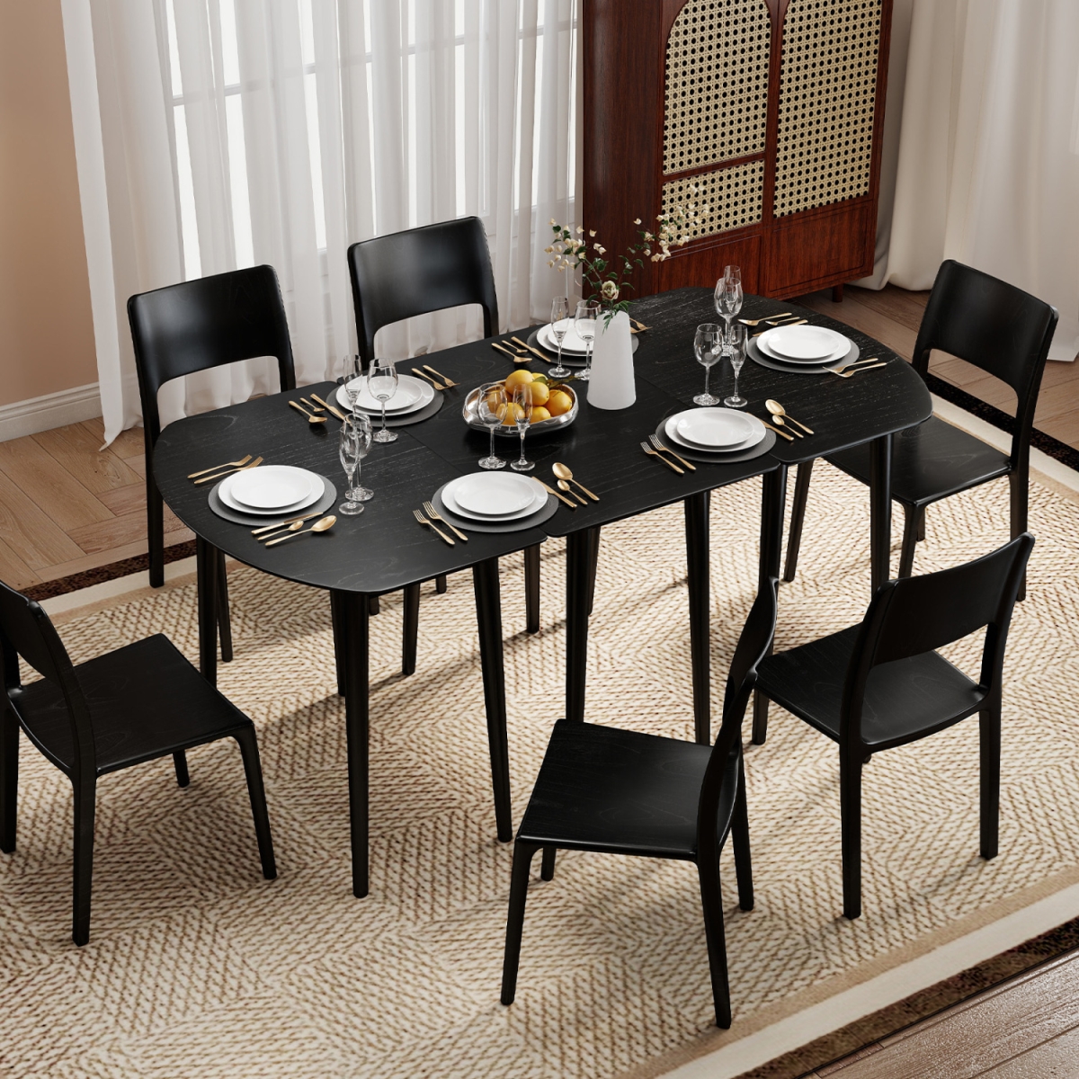 HV10956DK- Extendable Dining Table Set with 2 Half-Round & 1 Rectangular Tables - Black
