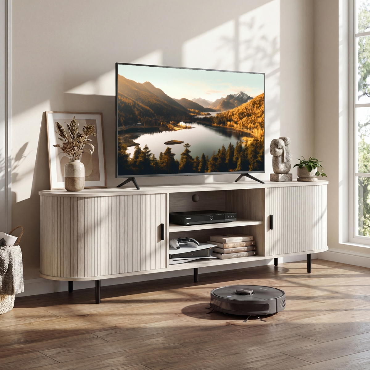 HV11010NA TV Stand for 80 in. TVs Mid Century Modern Entertainment Center with Fluted Sliding Doors - Natural
