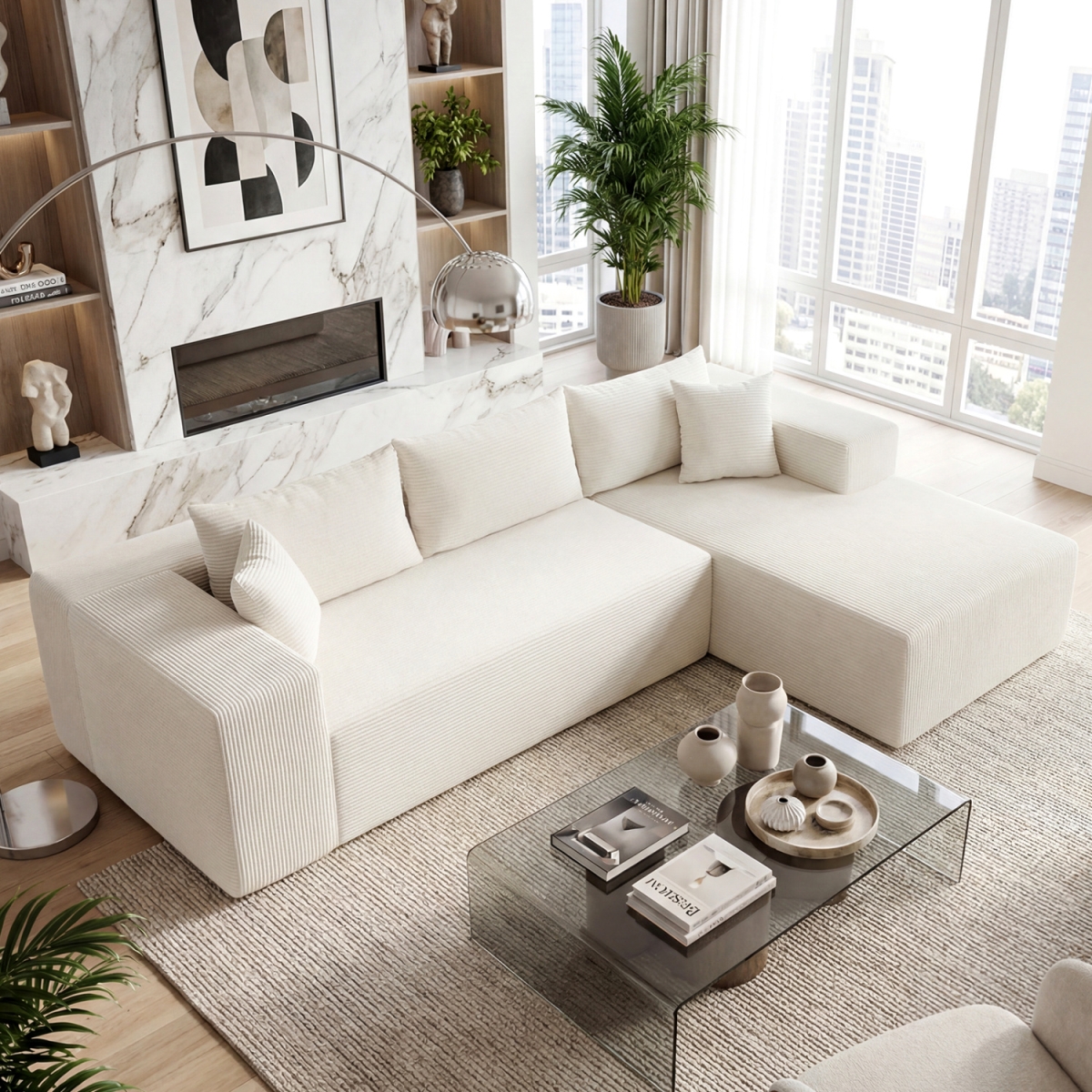HV11011BE- Modular Sectional Sofa Corduroy Upholstered L-Shaped Sofa Couch with Deep Seats - Beige