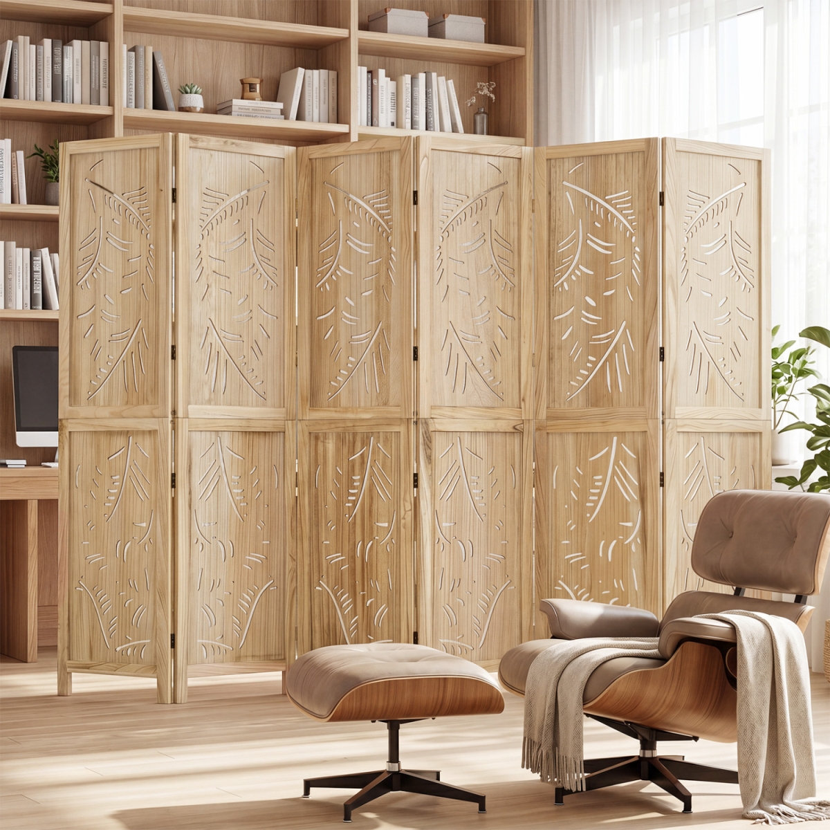 HV11026-6 6-Panel Wooden Room Divider with Palm Leaf Design & Paulownia Frame for Home