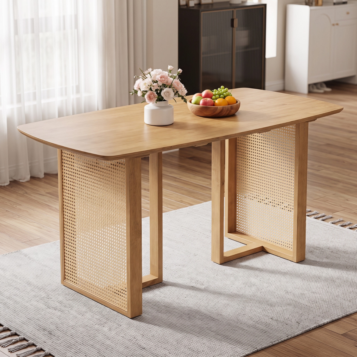 HV11094NA 55 in. Solid Rubber Wood Dining Table Set for 4 People with Rounded Edges - Natural