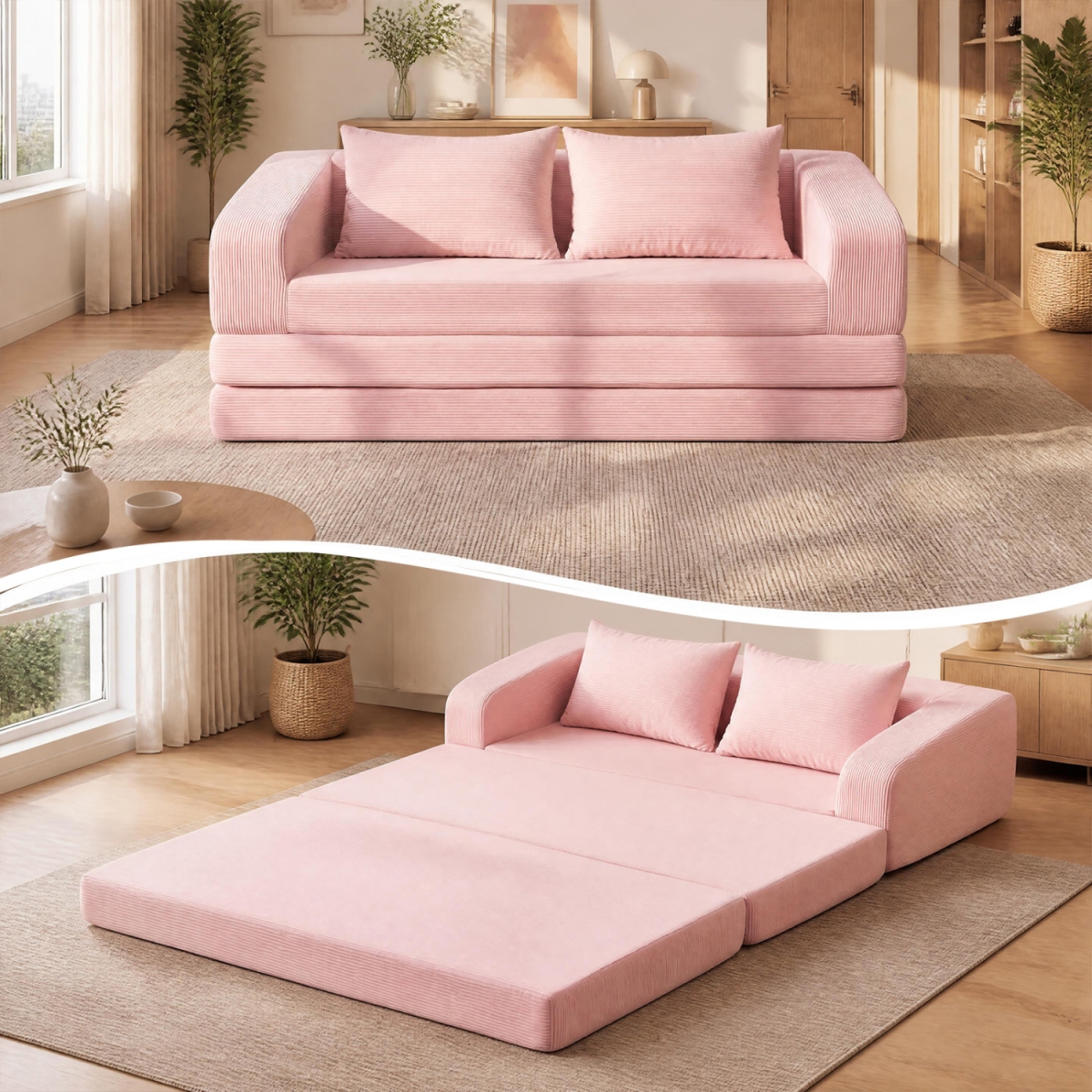 HV11105PI Corduroy Loveseat Sleeper Sofa with 2 Back Cushions for Living Room Bedroom Apartment - Pink