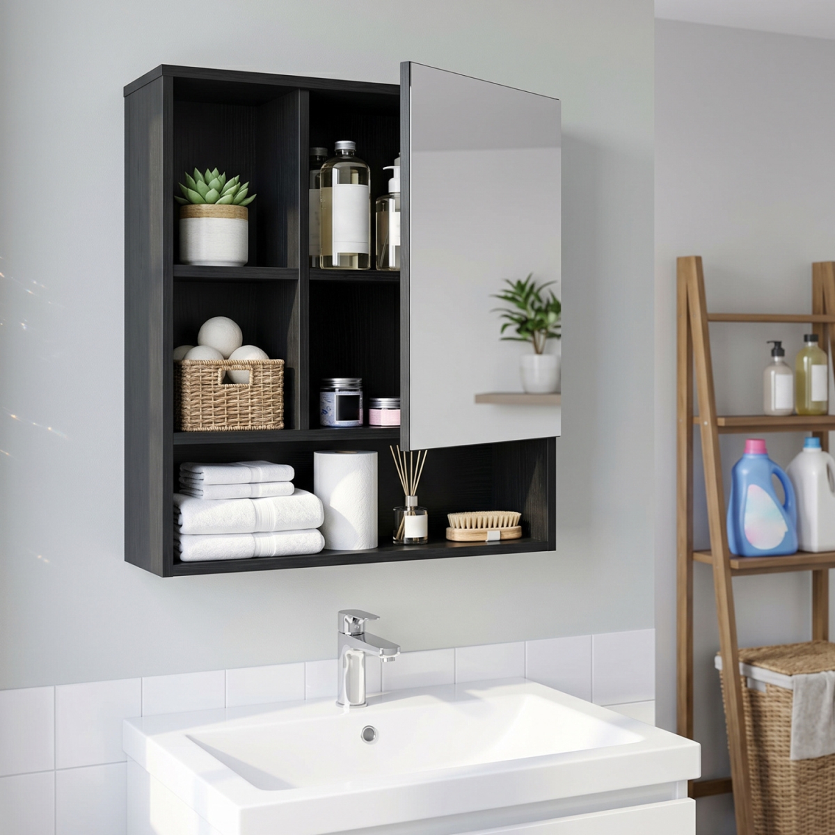 BA8503DK Wall-Mounted Mirror Cabinet with 2 Hidden Shelves & 3 Open Compartments - Black
