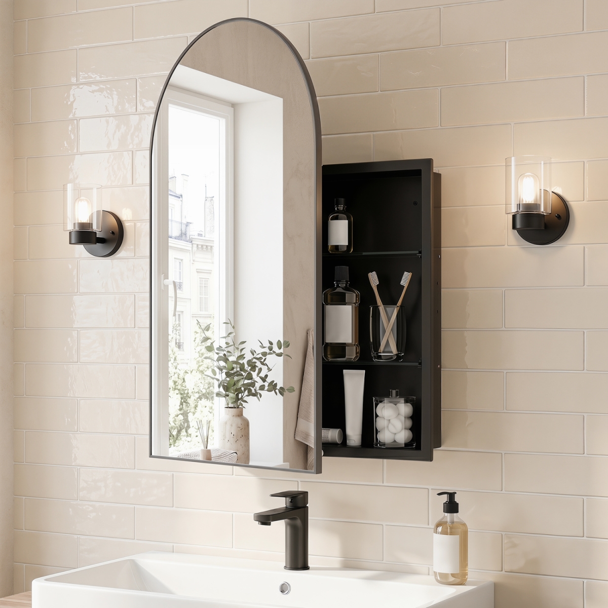 BA8543BK 34 x 22 in. Brushed Metal Wall-Mounted Storage Cabinet with Arched Mirror & Adjustable Shelves - Black