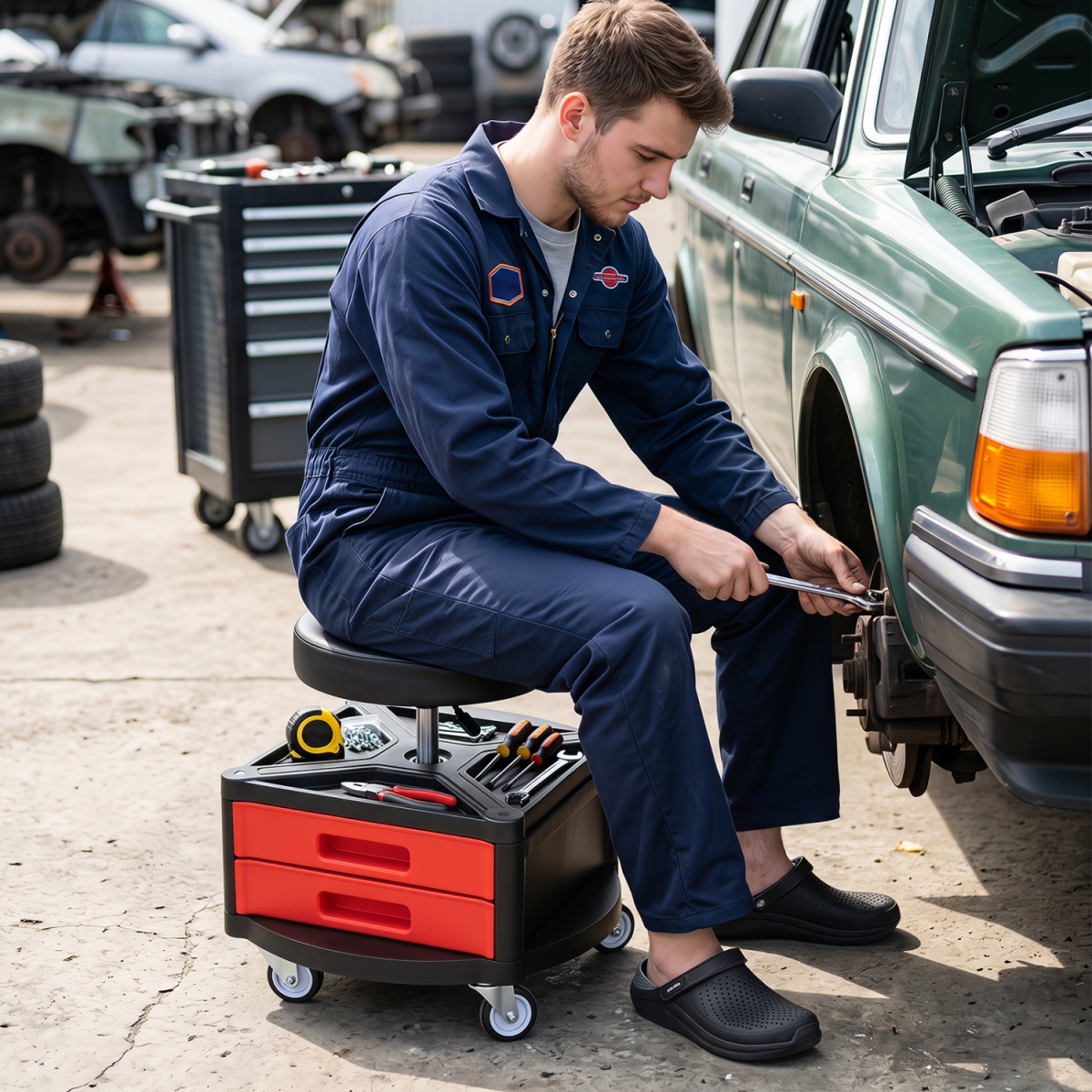 AU10087RE Rolling Mechanic Stool with Cushioned Seat & Dual Tool Trays 330 lbs - Red
