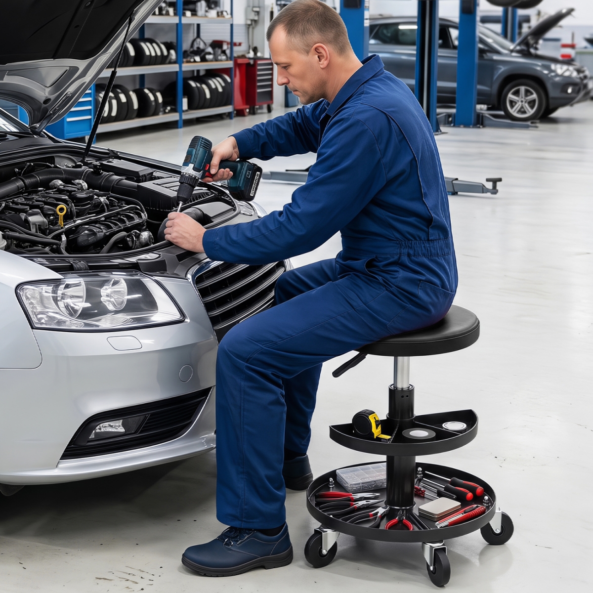 AU10106BK 16.5-22 in. Adjustable Height Seat Rolling Mechanic Stool with Wheels - Black