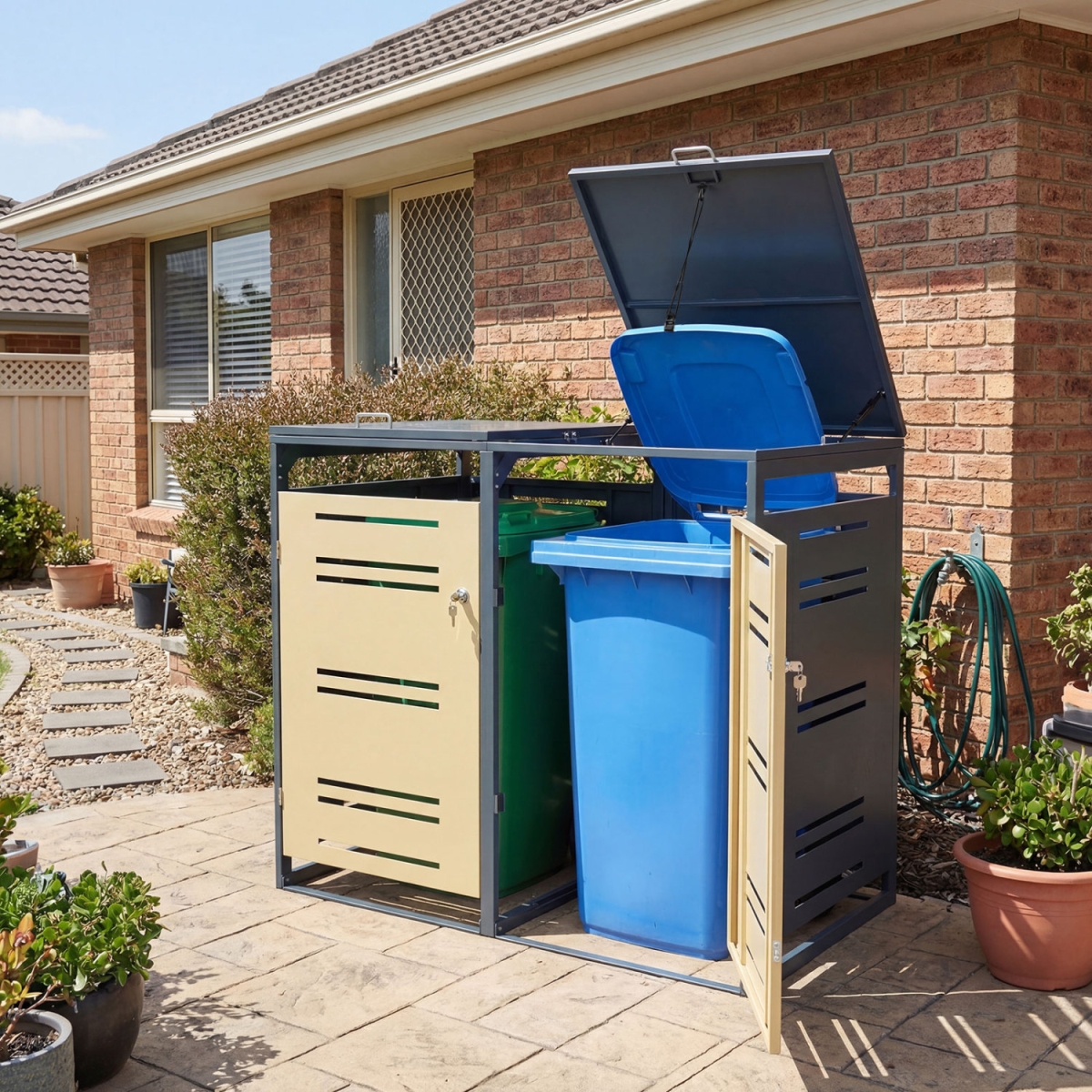 GT4643YW- Outdoor Metal Garbage Bin Storage Shed for 2 Trash Cans - Yellow
