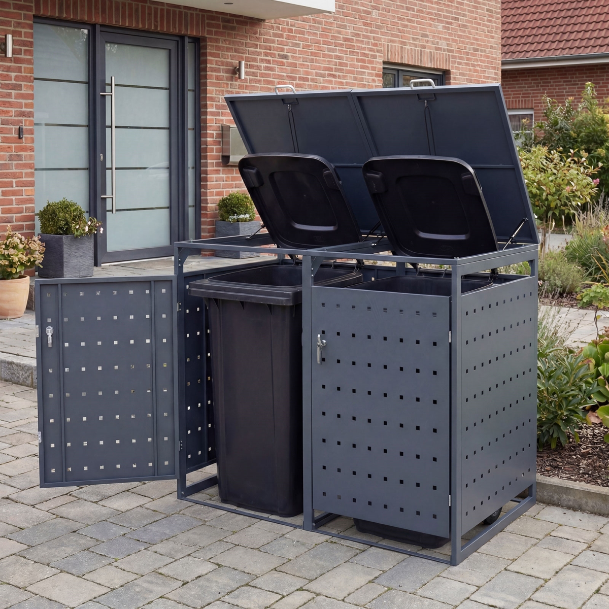 GT4645GR- Outdoor Metal Garbage Bin Storage Shed for 2 Trash Cans Double Trash Can Enclosure - Gray