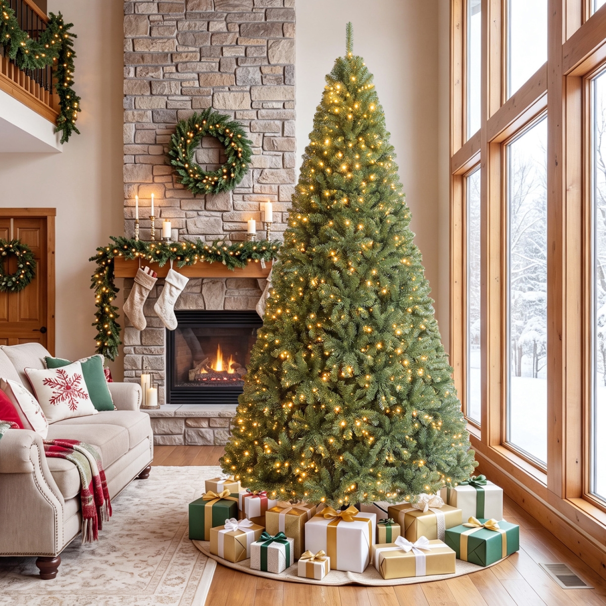 CM25559US-L 8 ft. Artificial Christmas Tree with 2 Lighting Colors & Folding Metal Stand - Large
