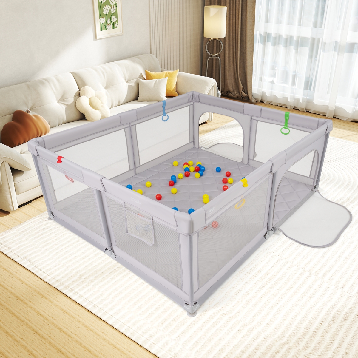 BB6435GR Large Baby Playpen with Pull Rings & Ocean Balls - Gray