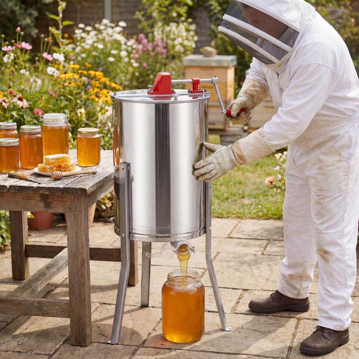 TH10118 3 Frame Manual Honey Extractor with Bottom Gravity Flow Gate & Clear Lid for Home Apiary