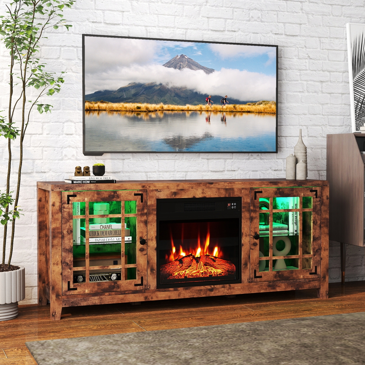 FP11082US-CF 58 in. Fireplace TV Stand with LED Lights & 18 in. Electric Fireplace - Rustic Brown