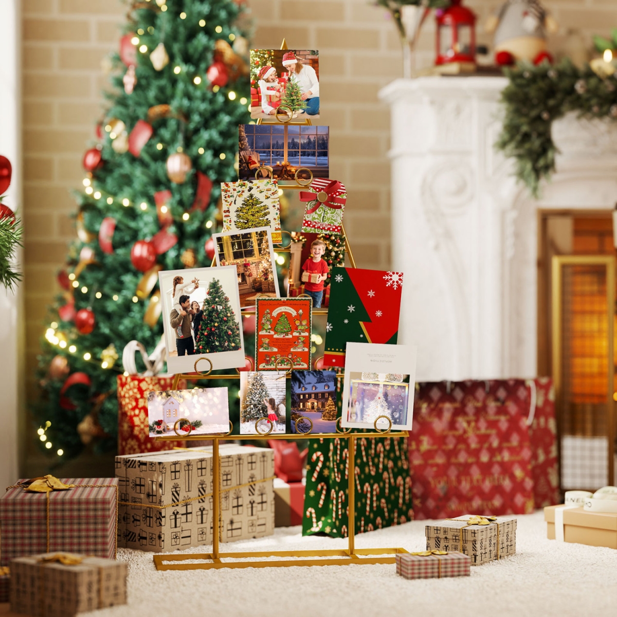 CM25146GD Christmas Tree Photo Holder with 36 Round Clips & Metal Hanging Rack - Golden - Pack of 2