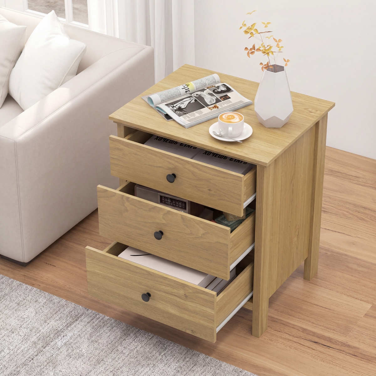 HU11076NA 3-Drawer Wooden Nightstand Modern Bedside Table - Natural
