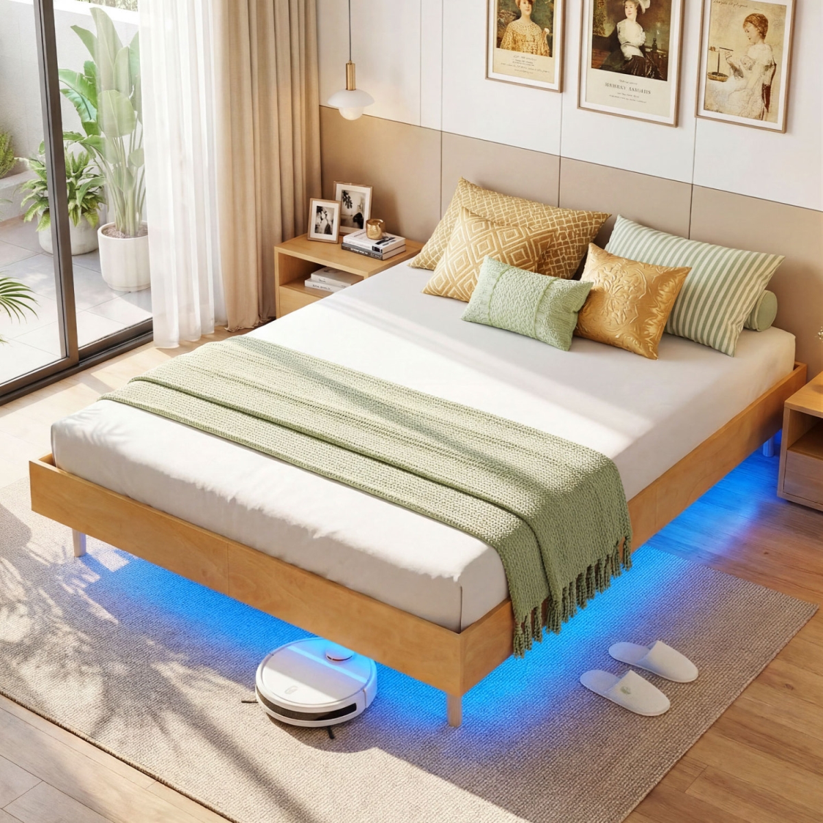 HU11083US-QNA Floating Bed Frame with LED Lights for Bedroom - Queen Size