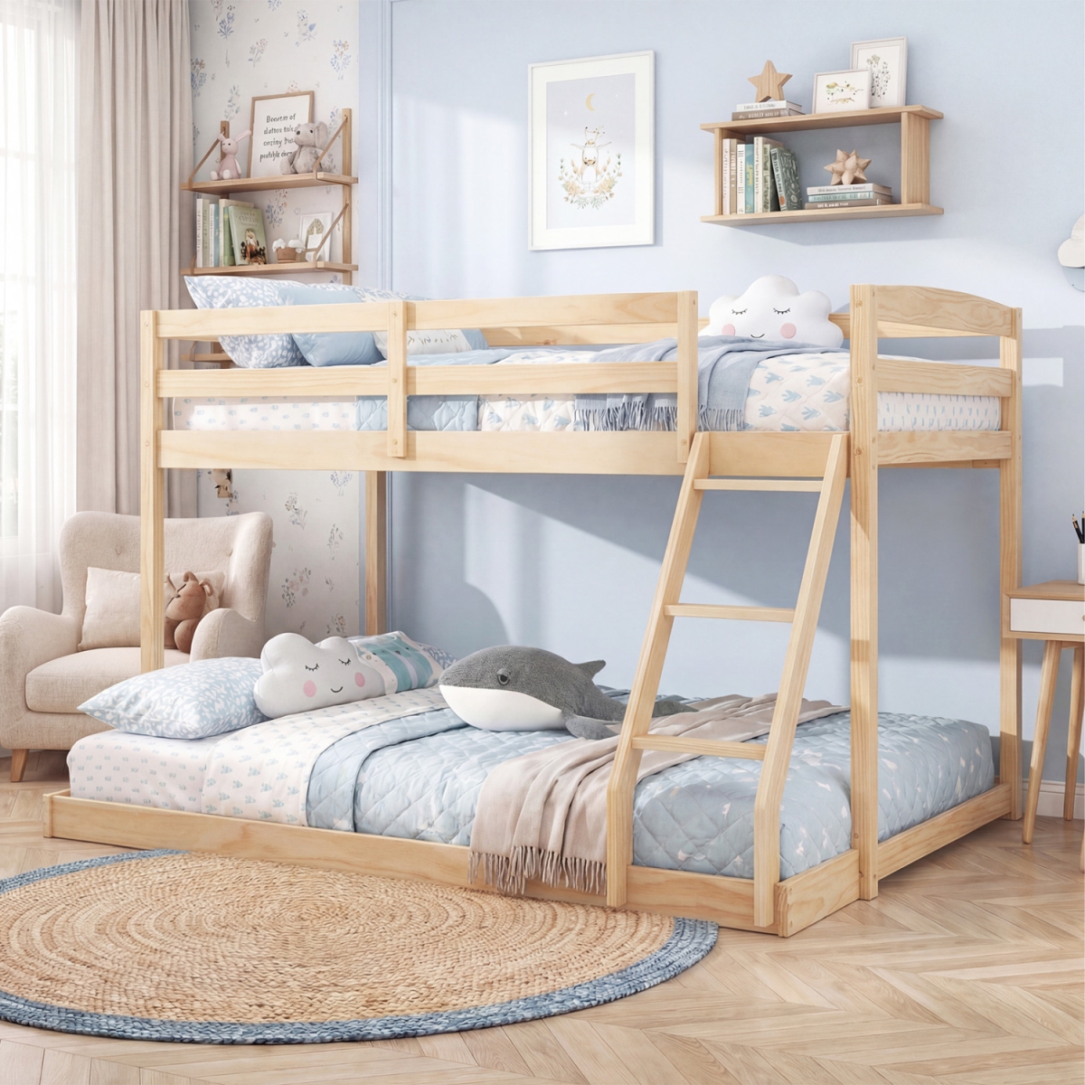 HU11195NA Bunk Bed Low Floor Bunk Bed Frame - Natural - Twin Over Full Size