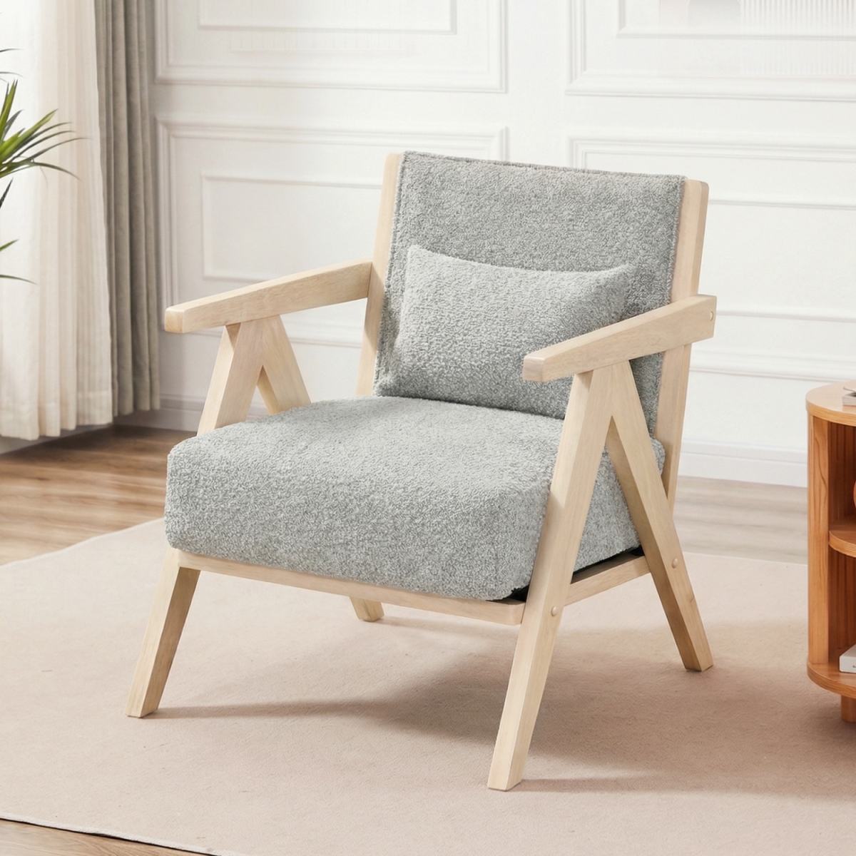 HV10947GR Mid-Century Modern Accent Chair Artificial Leather Sofa Chair with Rubber Wood Frame - Gray