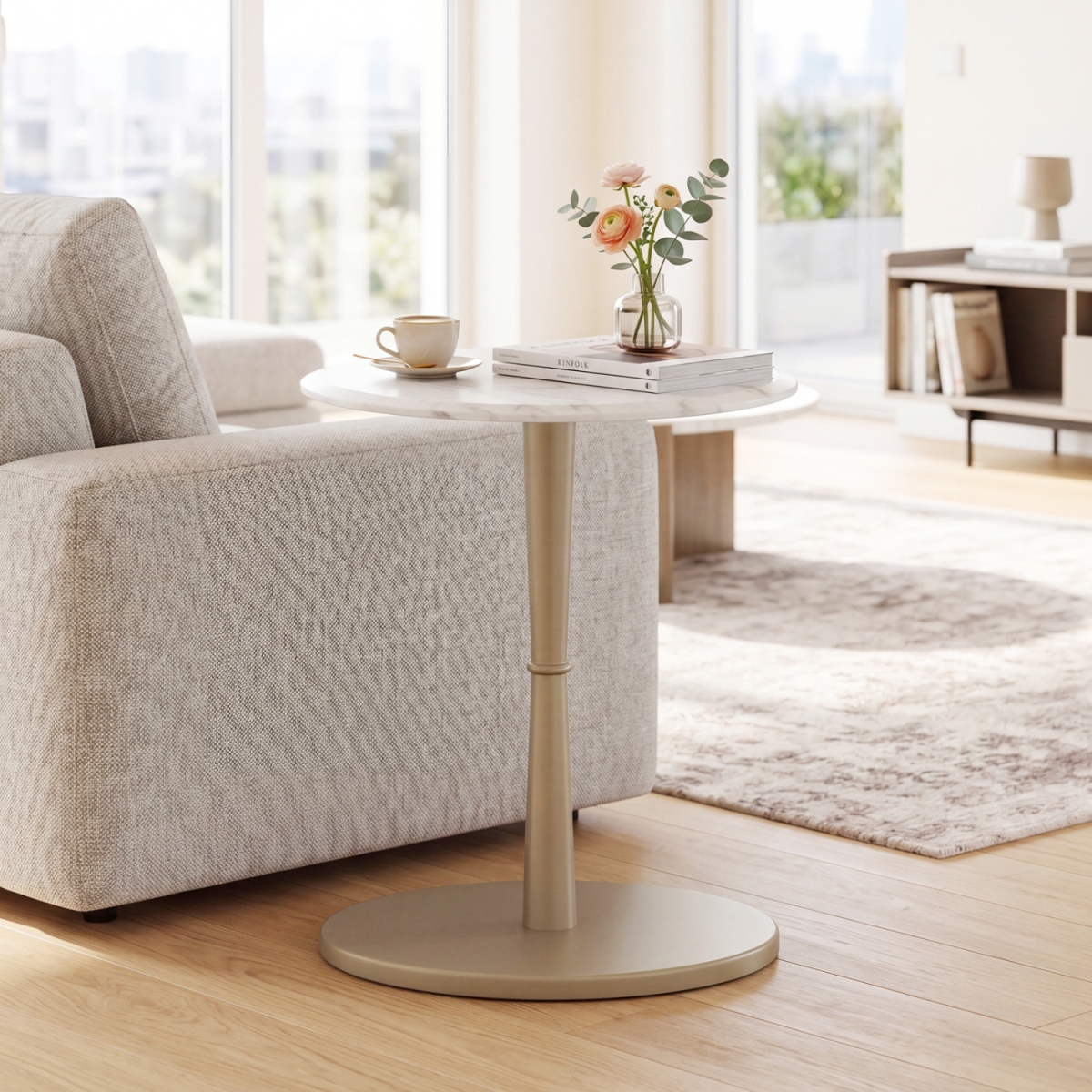 HV11080WH Round Marble Side Table with Stone Finish & Wooden Base for Small Spaces - White & Gold
