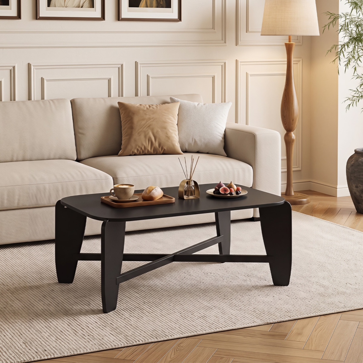 HV11084DK Modern Coffee Table with Rubber Wood Cross-Leg Base Rectangular Center Table - Black