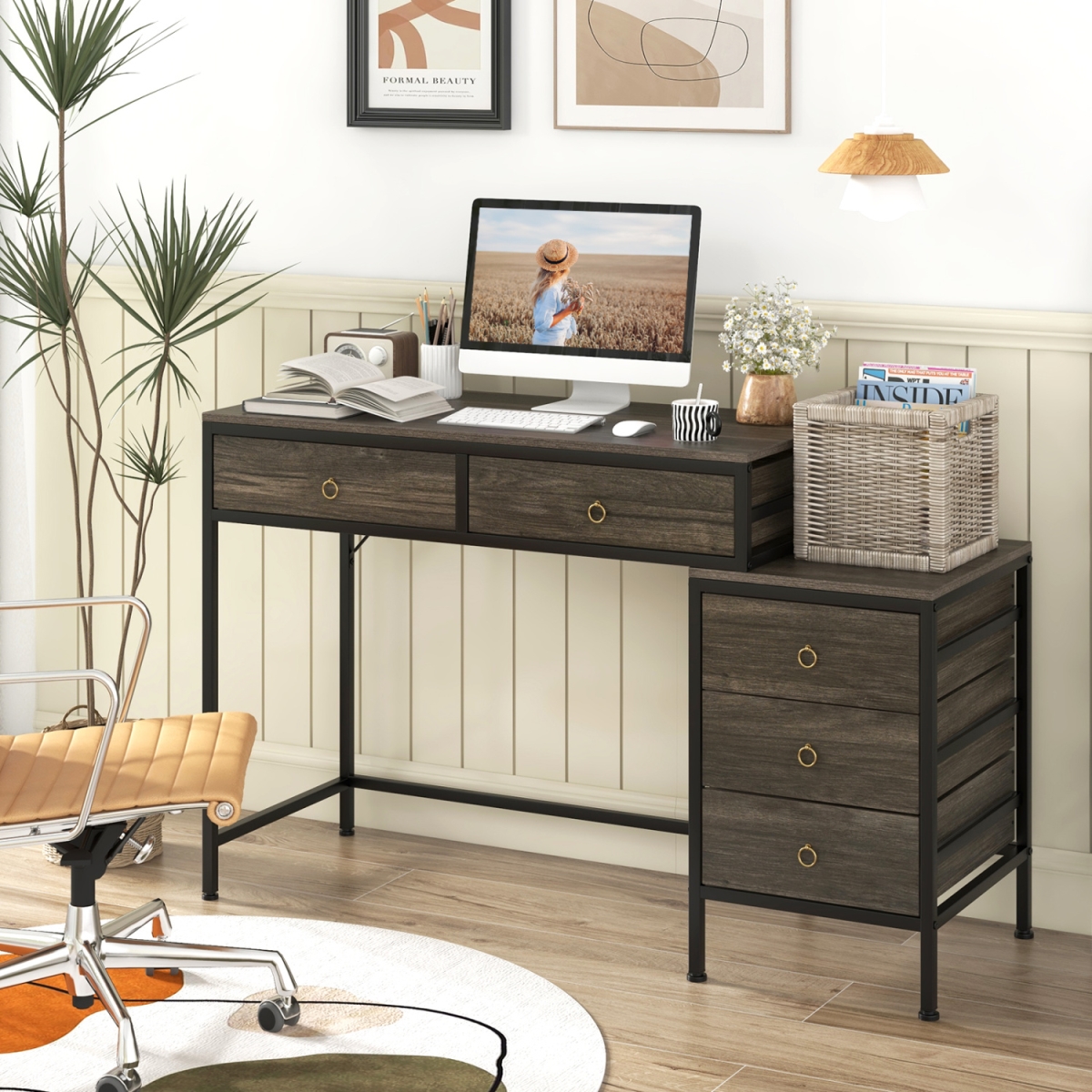 CB10659GR Computer Desk with 5 Drawers Home Office Desk with Side File Cabinet - Gray