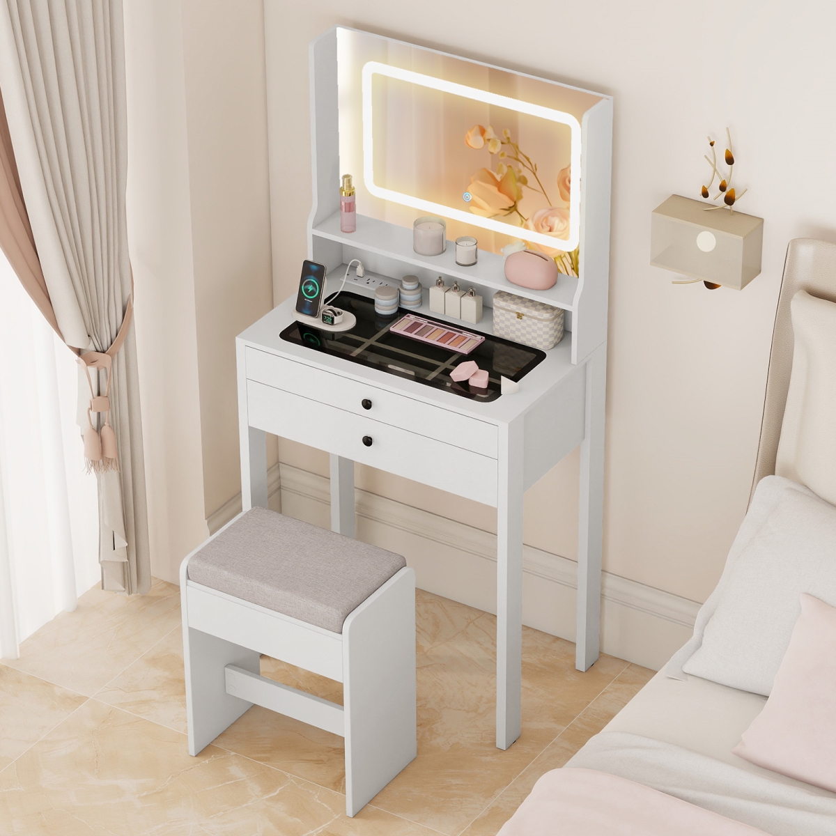 HU11199US-WH Small Vanity Desk with Mirror & Lights for Bedroom - White