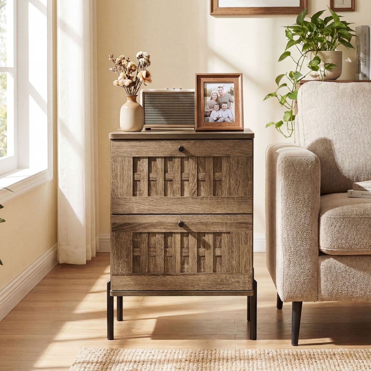 HU11351NA Nightstand Mid Century Modern End Table with Storage Drawers - Rustic Brown